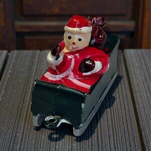 Vintage Miniature Santa In Sleigh Metal Christmas Ornament Decoration 1"